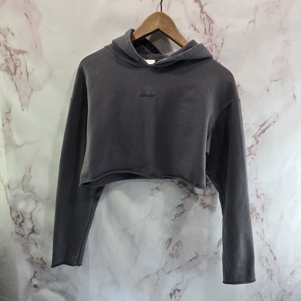 Meshki Hoodie Womens Small Dark Gray Pullover Crop Sweatshirt Spellout